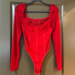 SHEIN Vibrant Red Long Sleeve Bustier Bodysuit